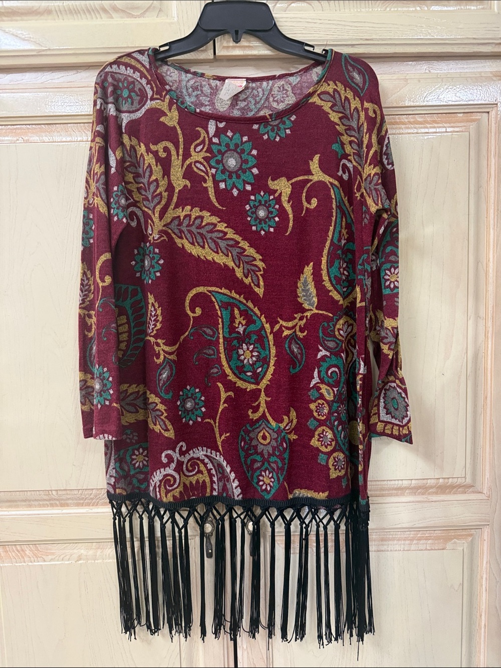 Women’s Burgundy Paisley Fringe Tunic Top